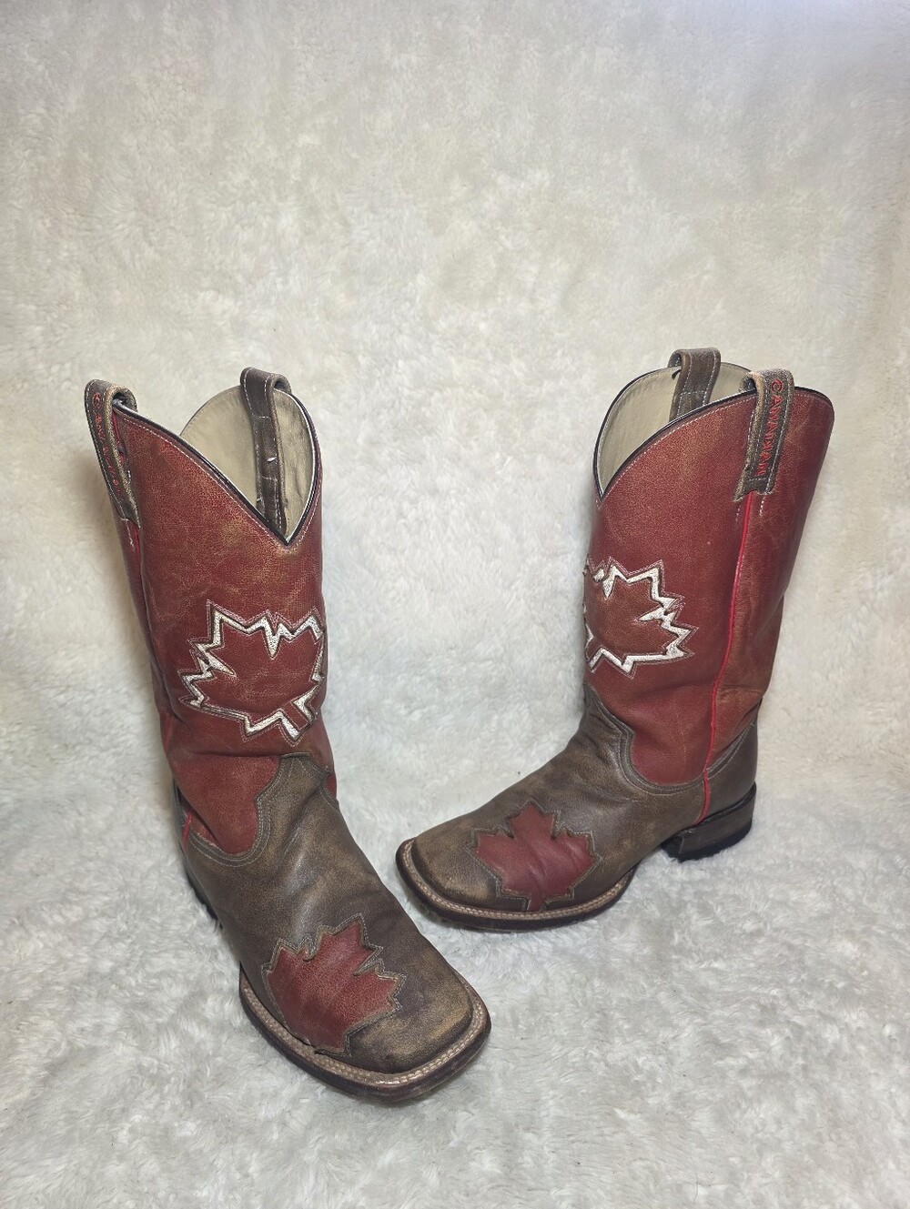 Roper Canadian Maple Leaf Leather Cowboy Western Boots Brown Red Mens 9.5 EE